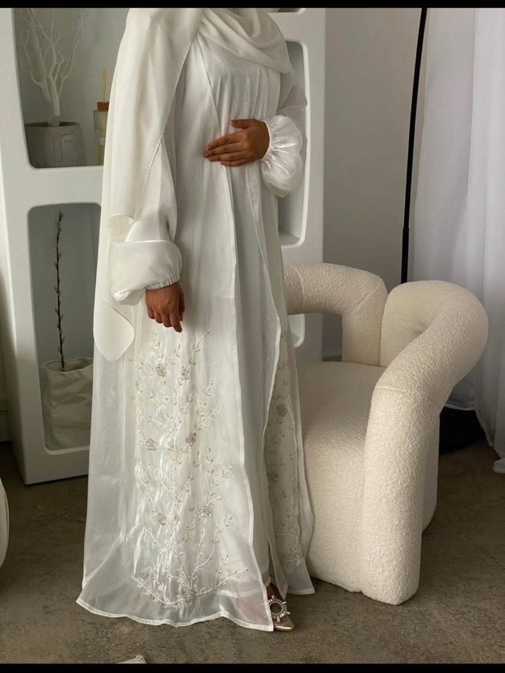 Elegant Ivory Embroidered Long Abaya Dress